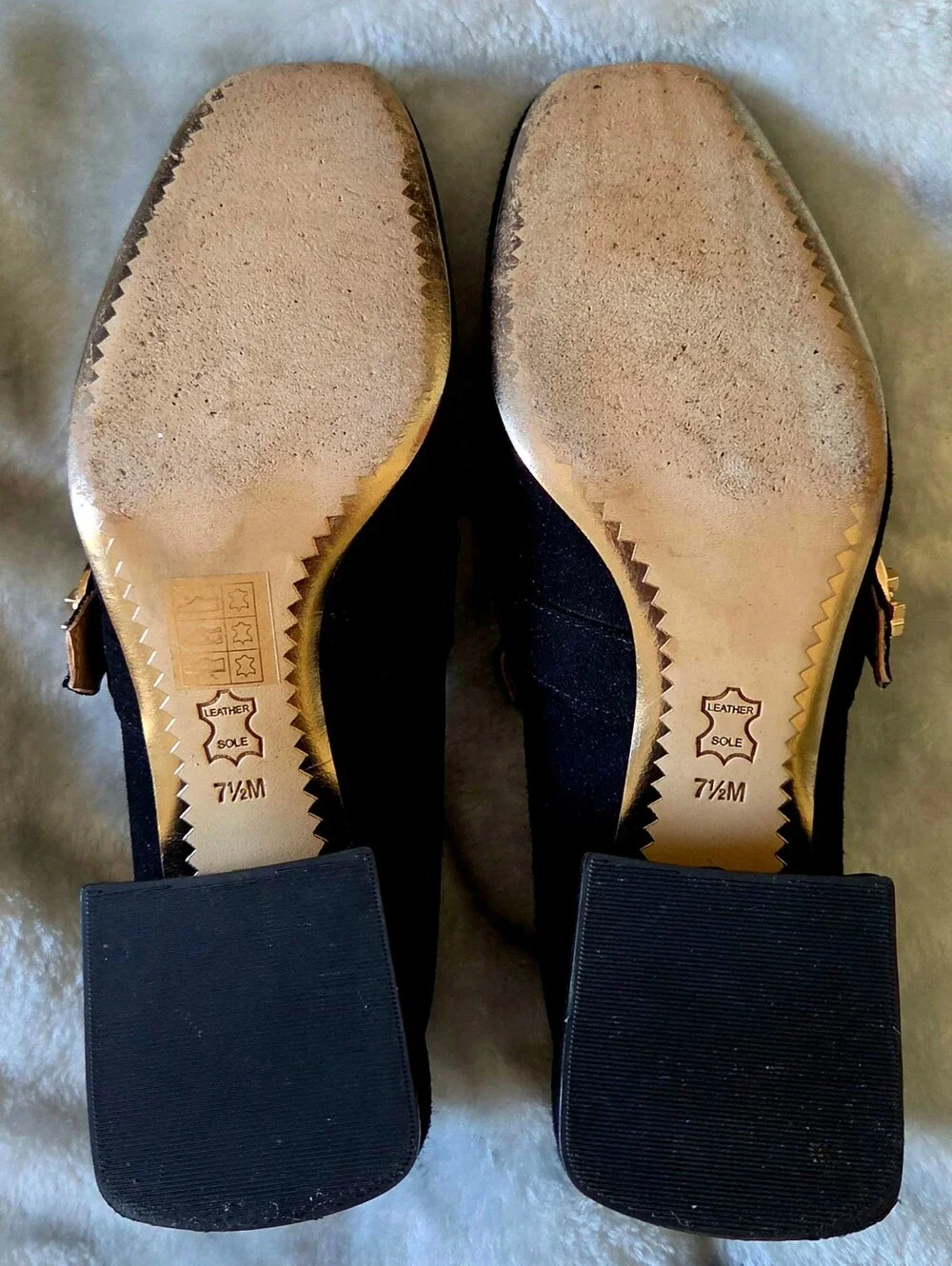 Tory Burch Black Suede Block Heel Loafers with Gold Logo Buckle